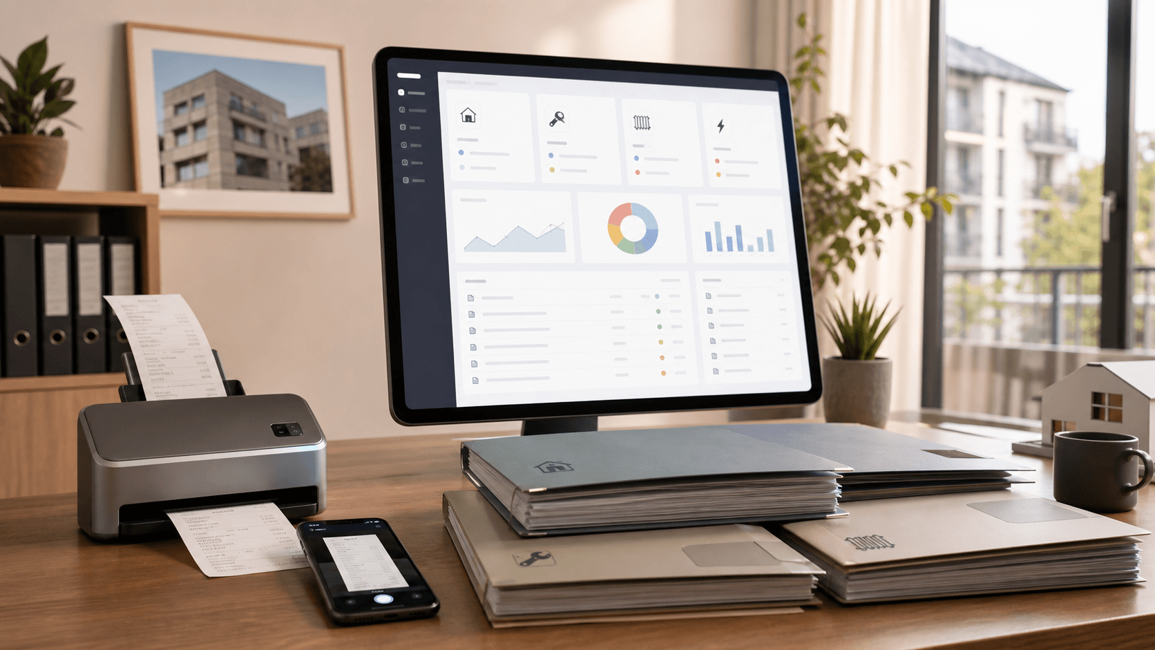 Digitale Belegorganisation für Vermieter mit Rechnungen, Scanner und Dokumentenübersicht
