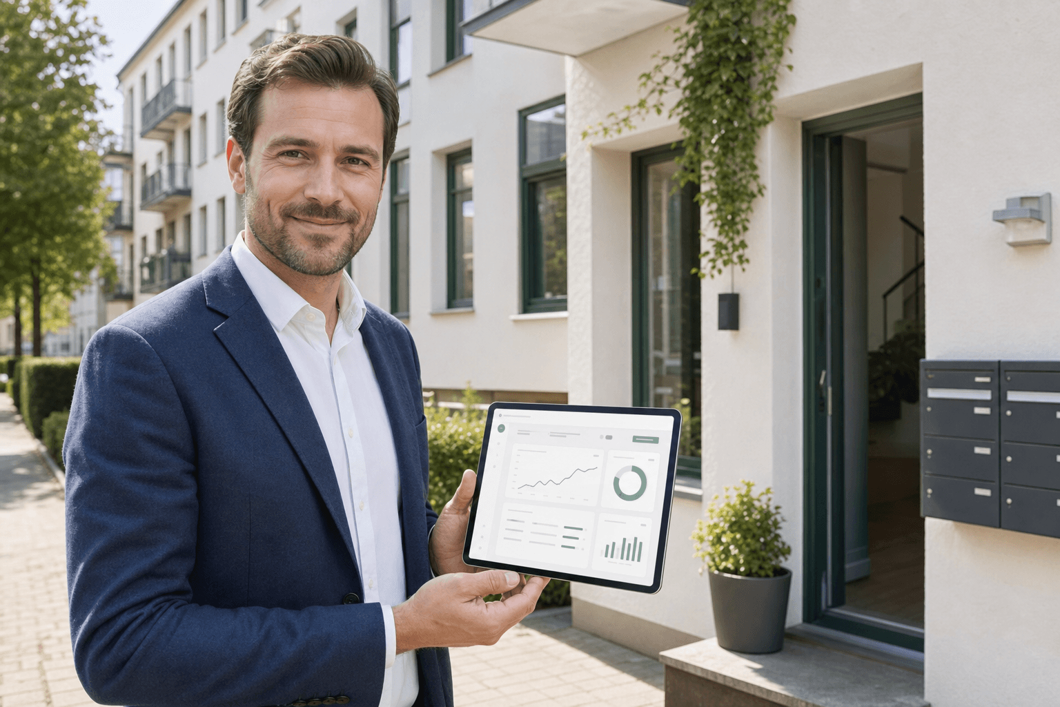 Moderner digitaler Arbeitsbereich für Objektübersicht, Einheiten und Vermieterunterlagen