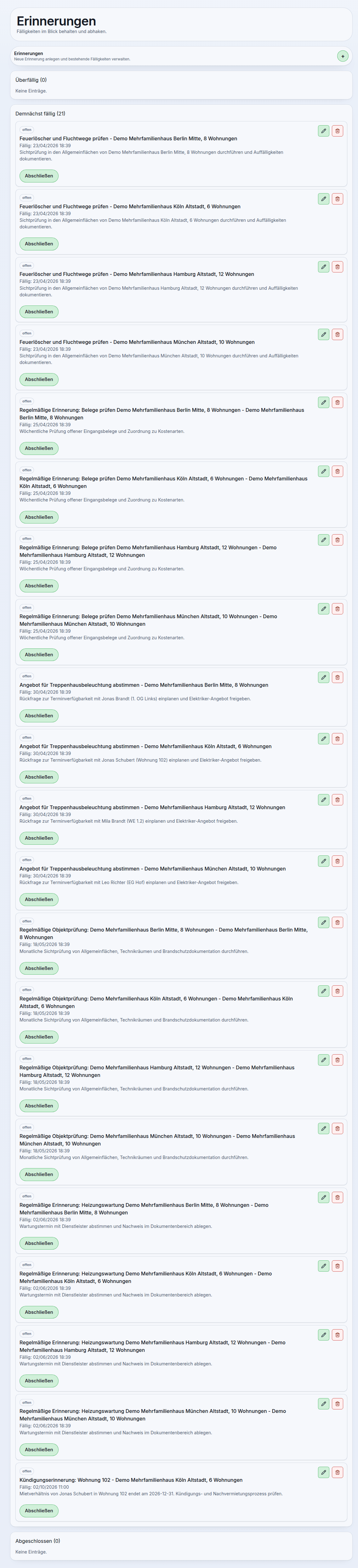 Erinnerungsbereich in der Tenata App