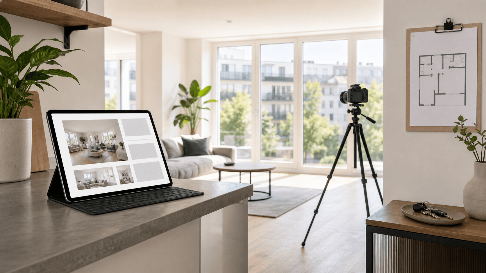 Exposé Vorbereitung für Vermieter mit Laptop, Grundriss, Fotos und Wohnungsschlüssel