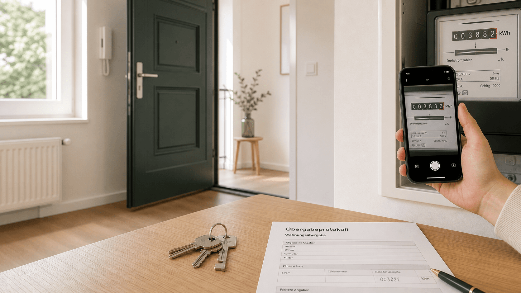 Wohnungsübergabe mit Schlüsseln, Protokoll und fotografiertem Zählerstand