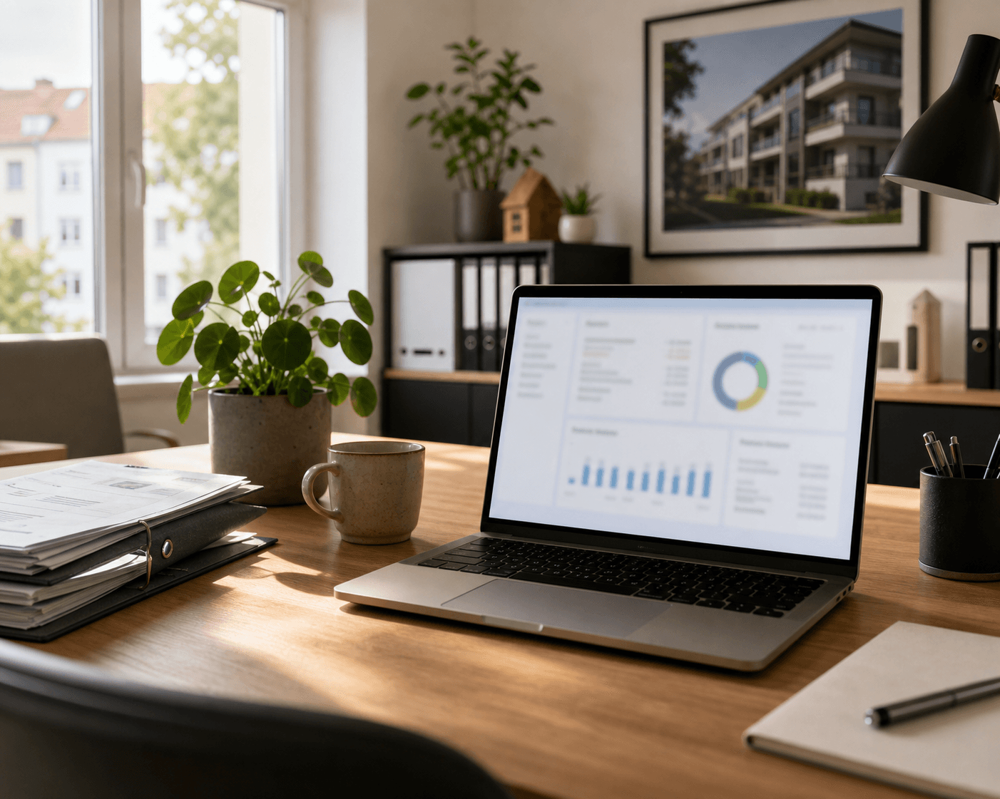 Moderner Arbeitsplatz mit digitaler Objektübersicht, Kostenkarten, Zählerdaten und Belegen für die Nebenkostenabrechnung