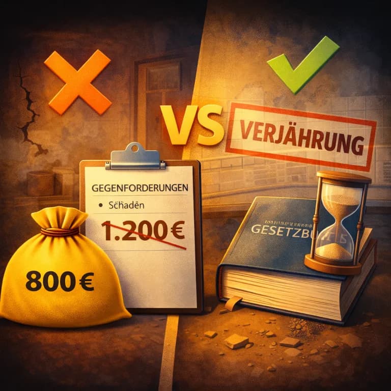 Illustration zum Mietrechtsfall „Darf der Vermieter mit behaupteten Schäden gegen die Barkaution aufrechnen, obwohl Verjährung eingewandt wird?“