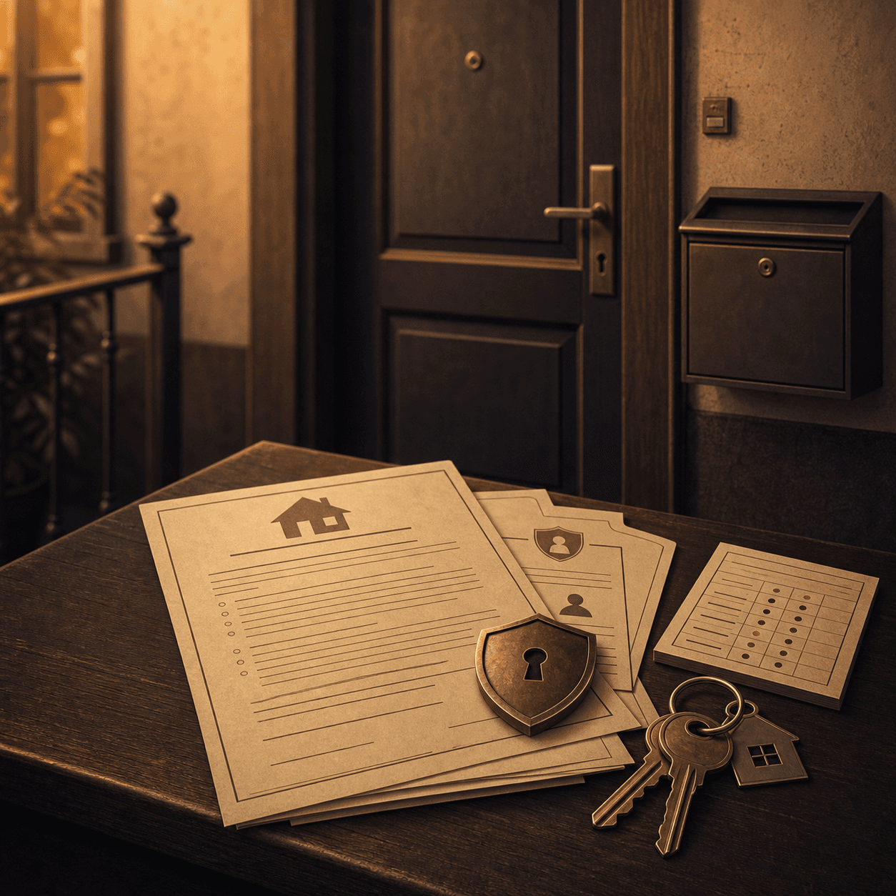 Illustration mit Mietvertrag, Bürgschaftsurkunden, Schlüsseln und Wohnungstür