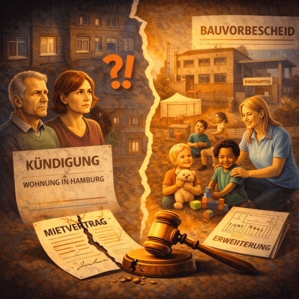 Illustration zum Mietrechtsfall „Wohnraummietvertrag: Wirksamkeit der ordentlichen Kündigung wegen beabsichtigter Erweiterung einer Kindertagesstätte“