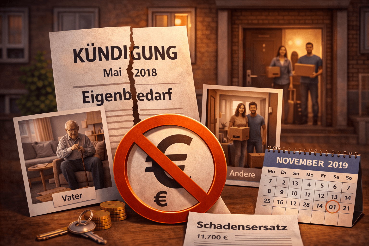Illustration zum Mietrechtsfall „Eigenbedarfskündigung: Schadensersatz scheitert trotz späterer Wohnungsnutzung durch andere“