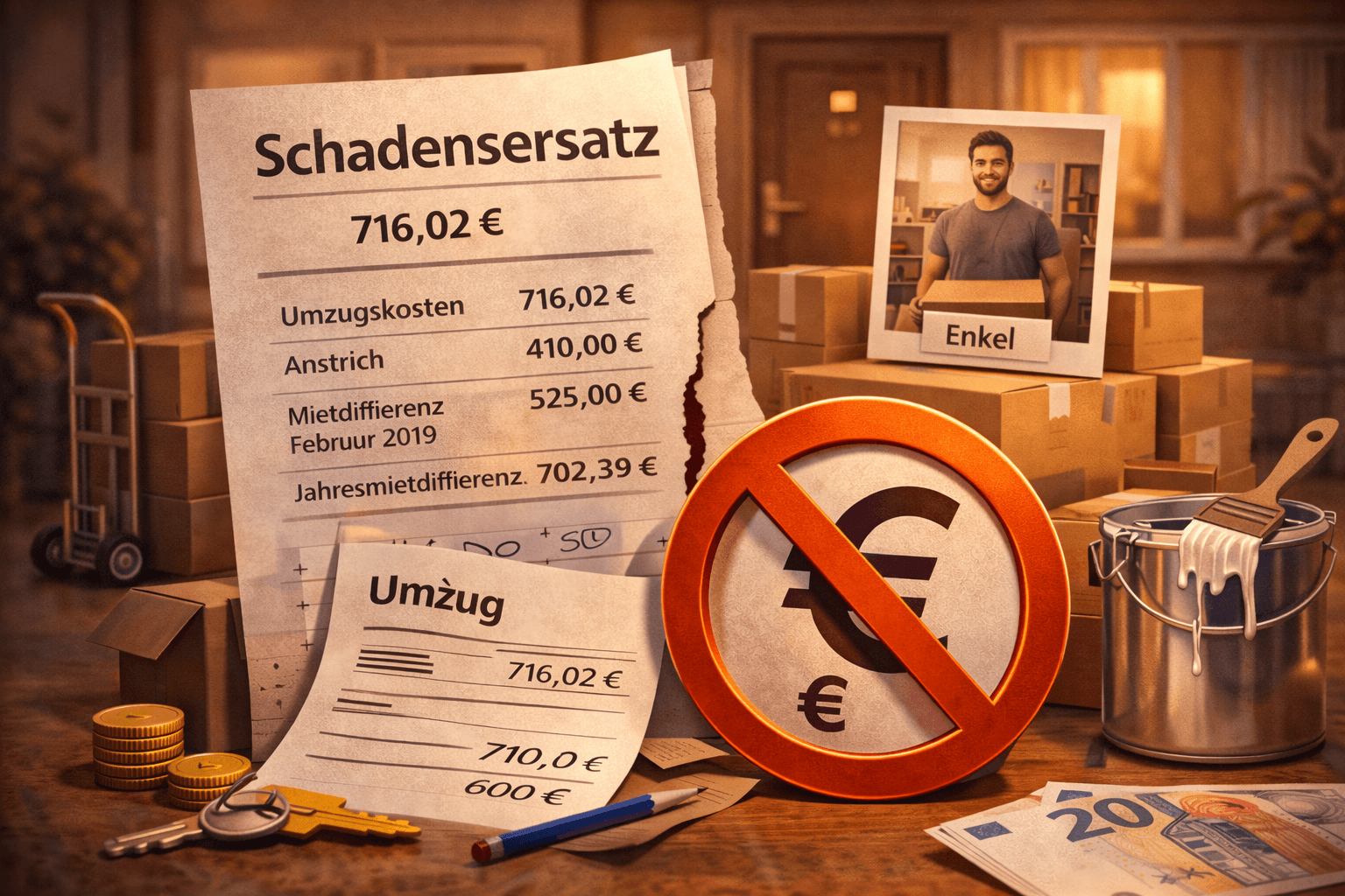 Illustration zum Mietrechtsfall „Eigenbedarfskündigung ohne konkreten Nutzungswillen: Schadensersatz für Umzug und Mietdifferenz“