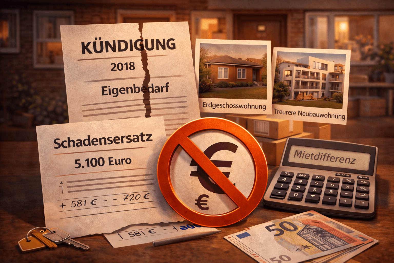 Illustration zum Mietrechtsfall „Eigenbedarfskündigung: Mietdifferenzschaden nach angeblich vorgeschobenem Bedarf“