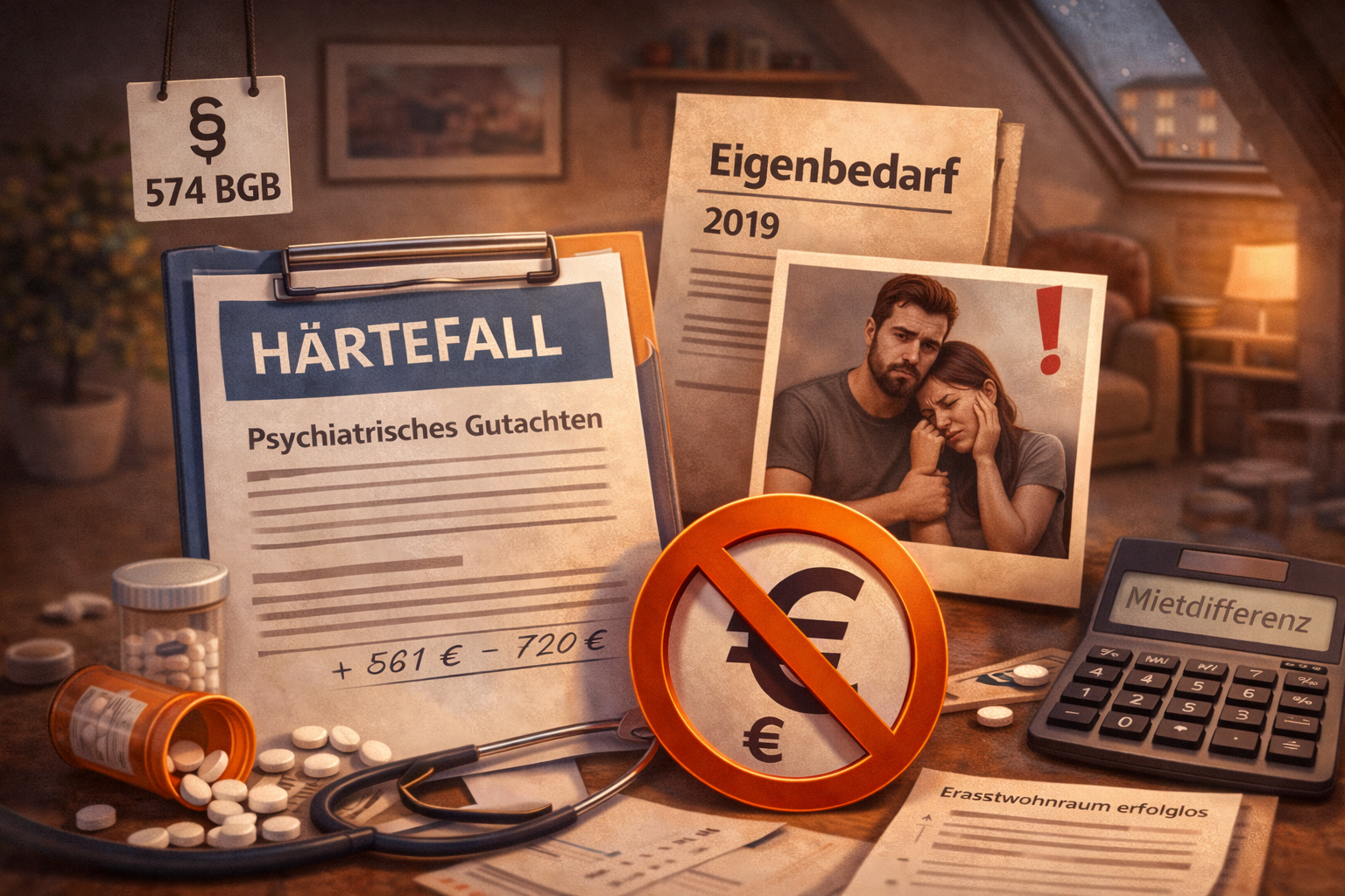 Illustration zum Mietrechtsfall „Eigenbedarfskündigung: Suizidankündigung der Mieter und Härtefall nach § 574 BGB“