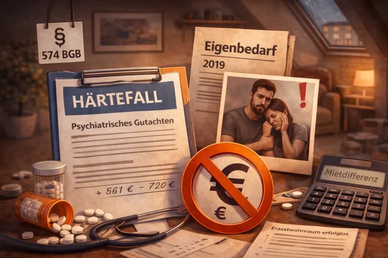 Illustration zum Mietrechtsfall „Eigenbedarfskündigung: Suizidankündigung der Mieter und Härtefall nach § 574 BGB“