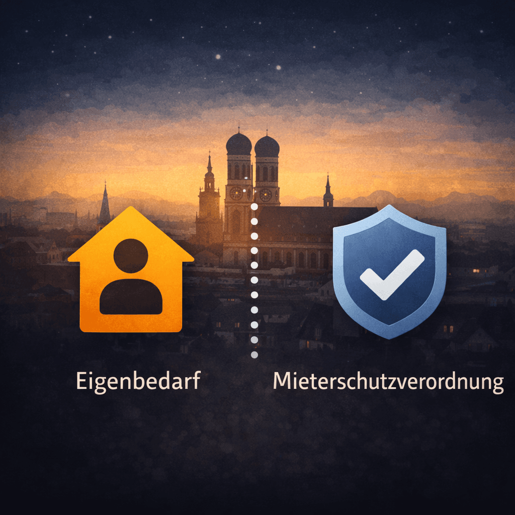 Illustration zum Mietrechtsfall „Eigenbedarfskündigung im Münchner Modell und zur Mieterschutzverordnung“