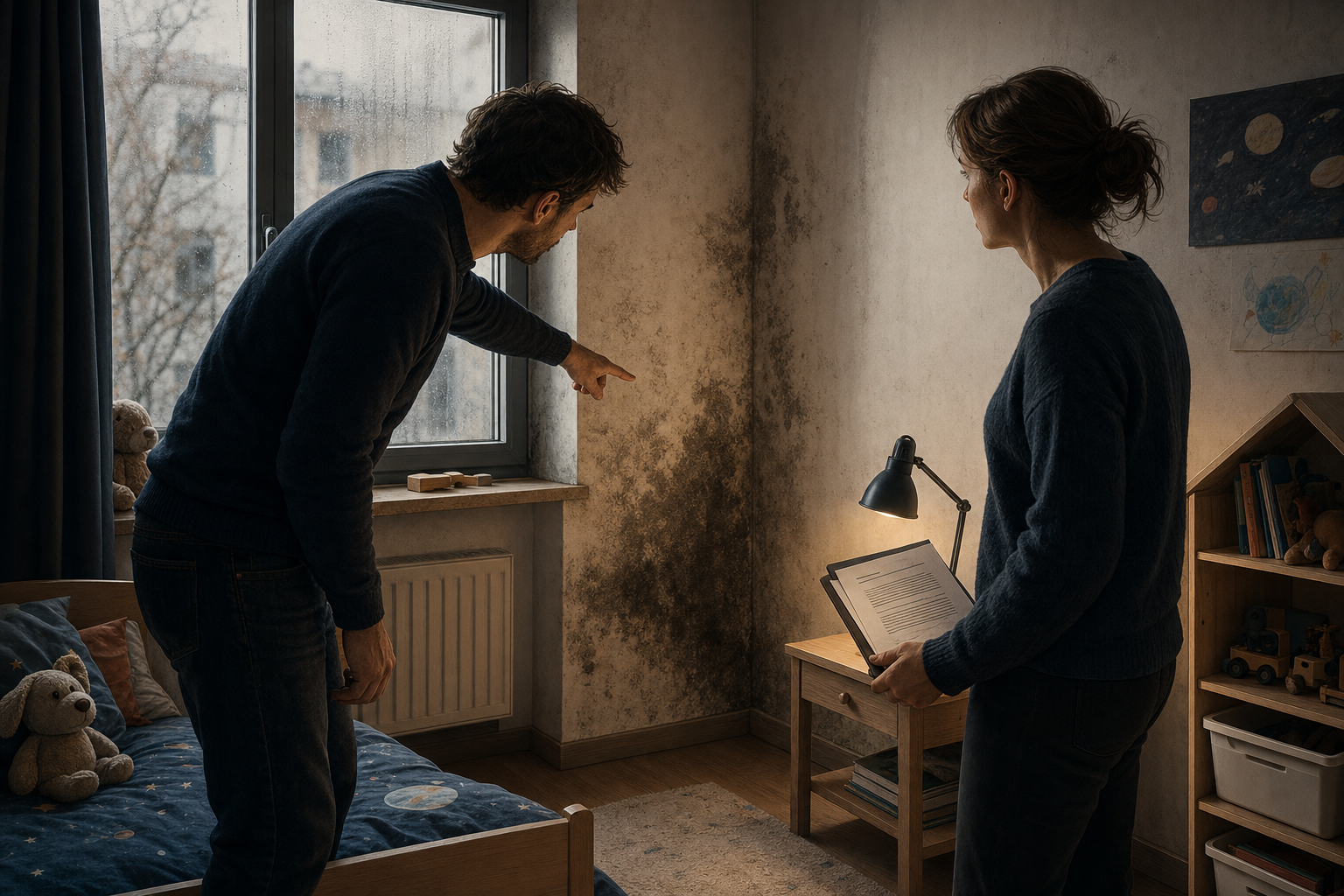 Eltern betrachten Feuchtigkeit und Schimmel an der Wand eines Kinderzimmers