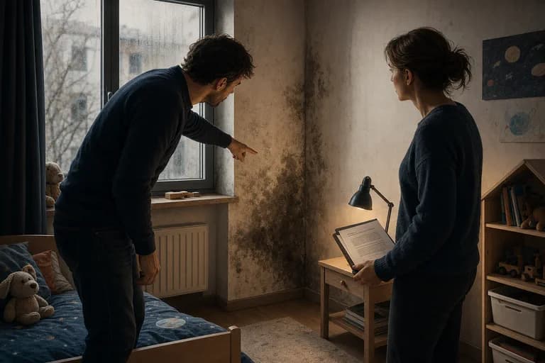 Eltern betrachten Feuchtigkeit und Schimmel an der Wand eines Kinderzimmers