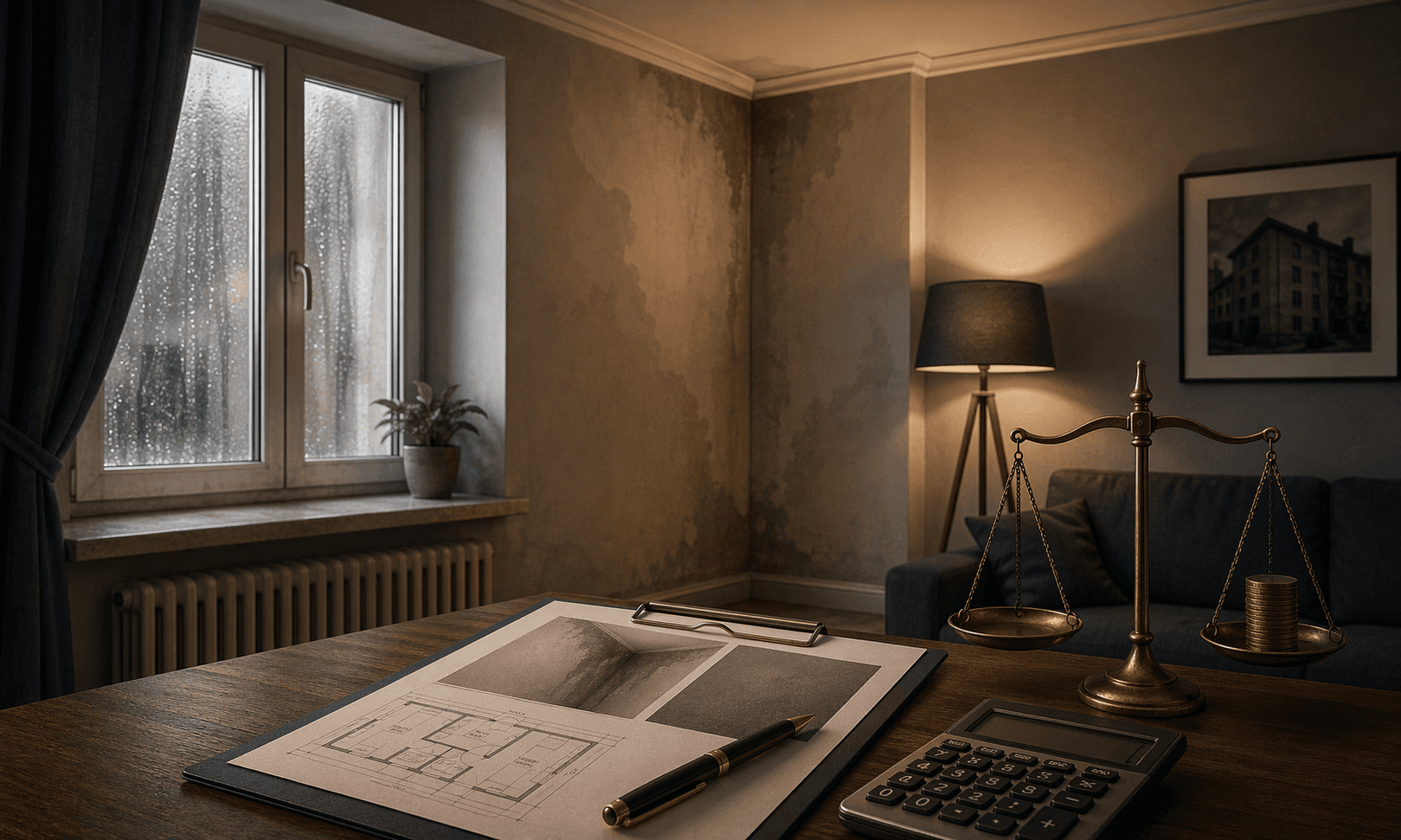 Stilisierte Illustration zu Feuchtigkeit in der Wohnung, einem Baugutachten und einer Mietminderung von 20 Prozent.