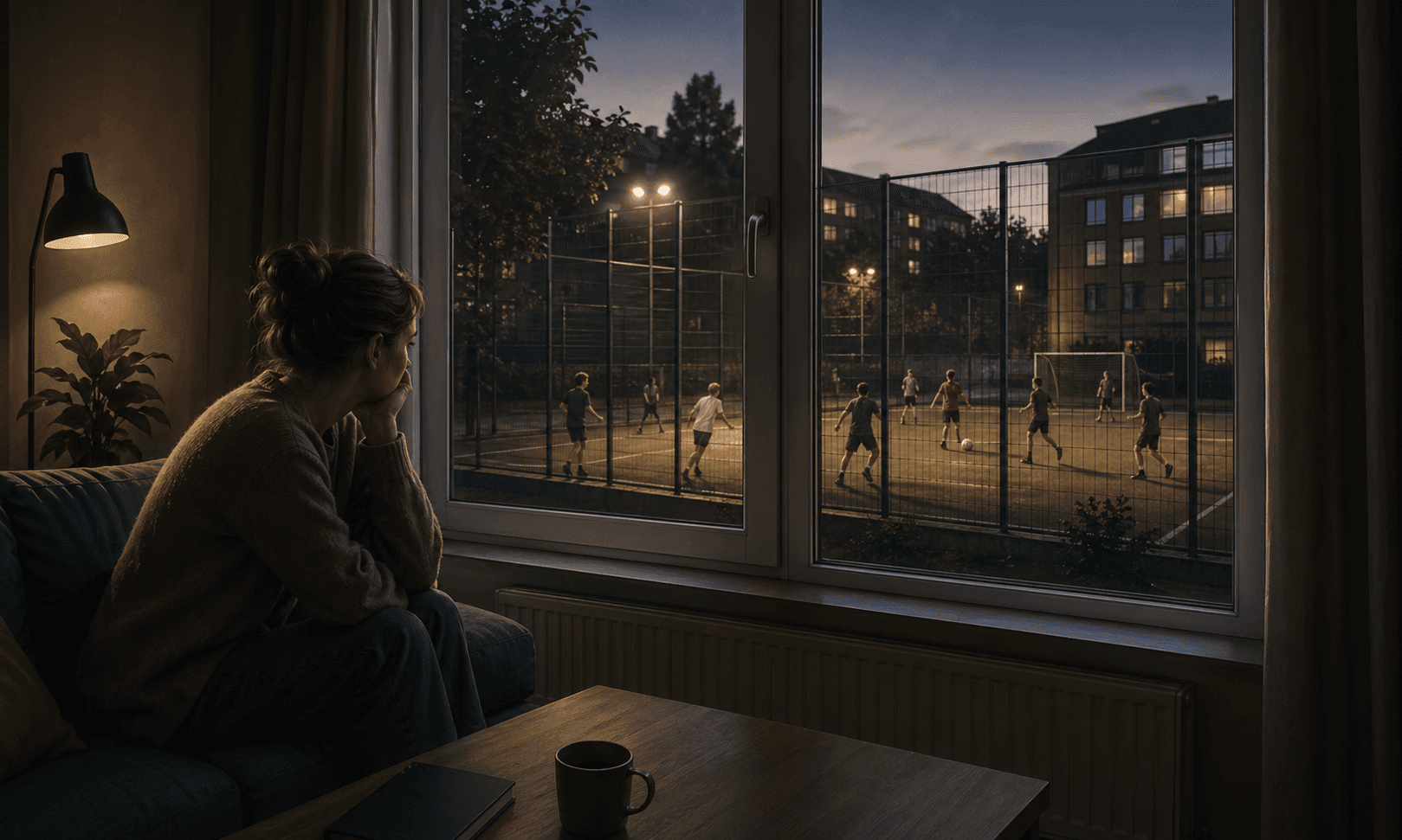 Stilisierte Illustration zu Lärm von einem später eingerichteten Bolzplatz neben der Wohnung.