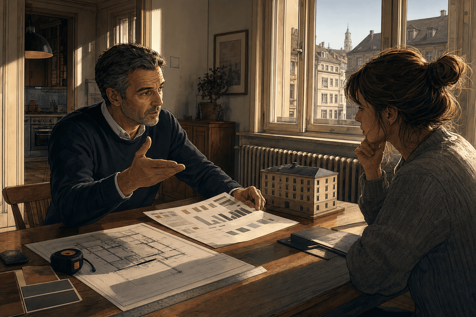 Vermieter und Mieterin besprechen Mietspiegel, Wohnungsplan und Vergleichsmiete am Tisch