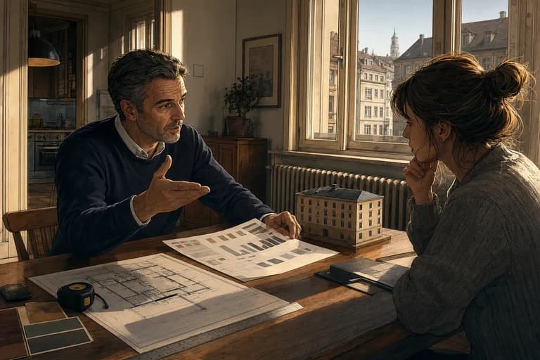 Vermieter und Mieterin besprechen Mietspiegel, Wohnungsplan und Vergleichsmiete am Tisch