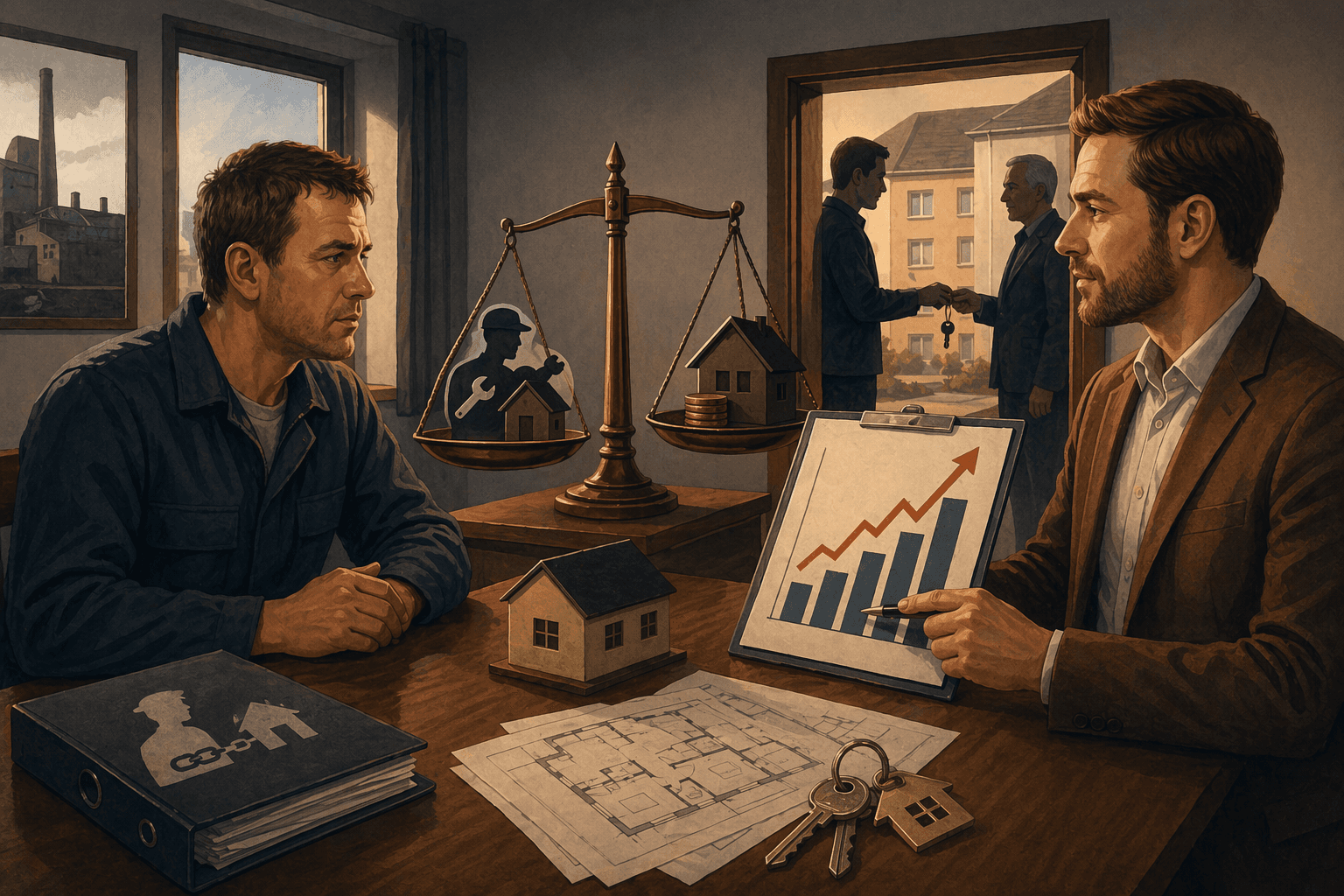 Stilisierte Illustration zu einer Werkmietwohnung und der Mieterhöhung nach Eigentumswechsel.