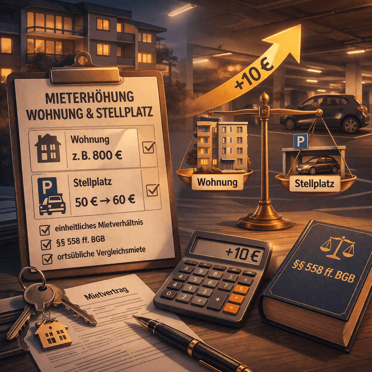 Illustration zum Mietrechtsfall „Mieterhöhung für Wohnung und Stellplatz“