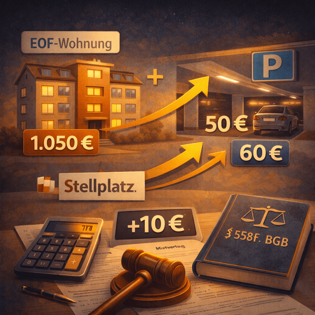 Illustration zum Mietrechtsfall „Mieterhöhung für den mitvermieteten Tiefgaragenstellplatz“