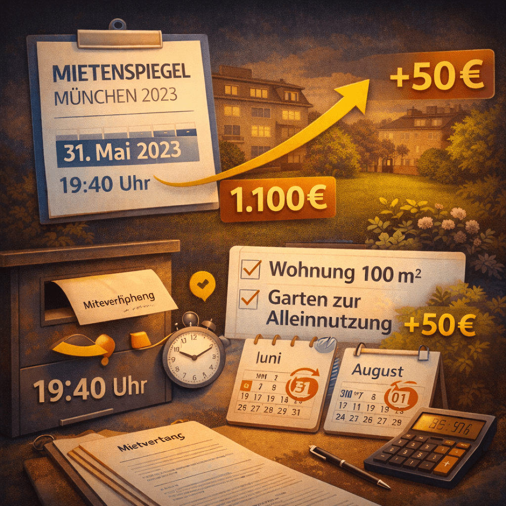 Illustration zum Mietrechtsfall „Zustimmung zur Mieterhöhung – Stichtagsdifferenz und Gartenzuschlag“