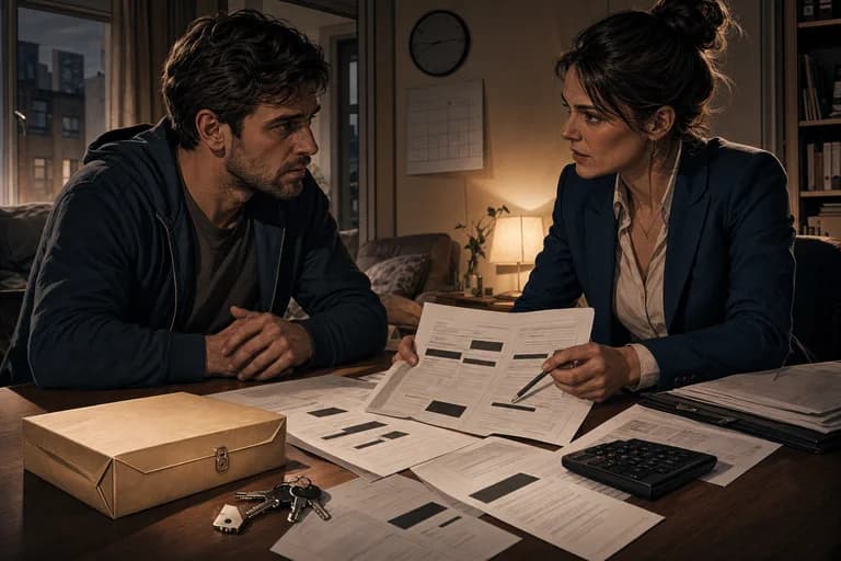 Mieter und Verwalterin prüfen Nebenkostenunterlagen neben Kaution, Schlüssel und Rechner