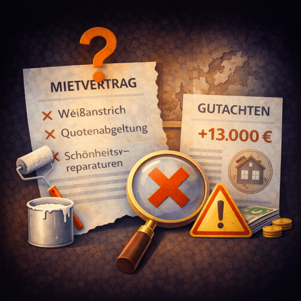 Illustration zum Mietrechtsfall „Schönheitsreparaturklausel mit Weißanstrich und Quotenabgeltung unwirksam“