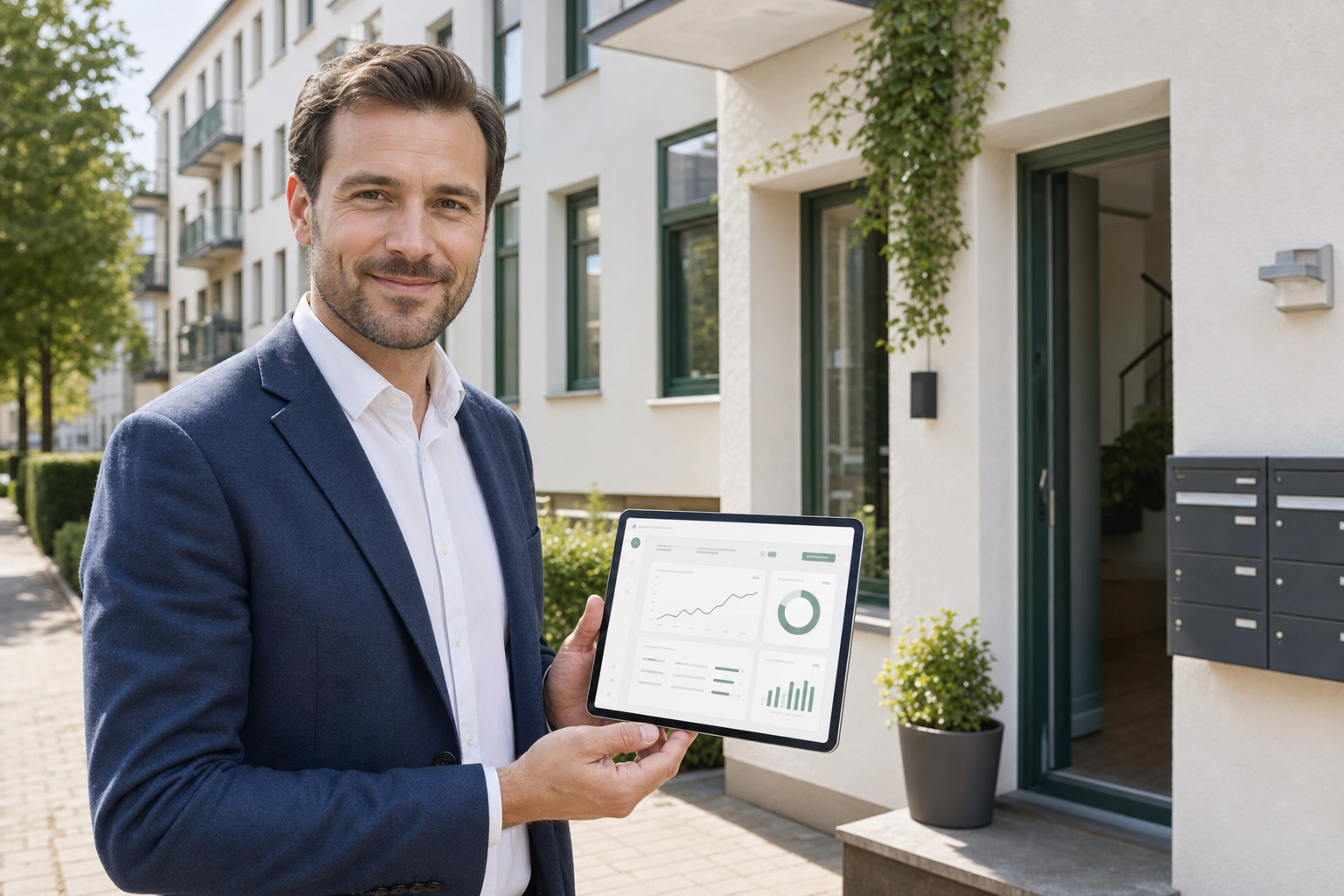 Vermieter prüft den Bestand an einem Mehrfamilienhaus digital